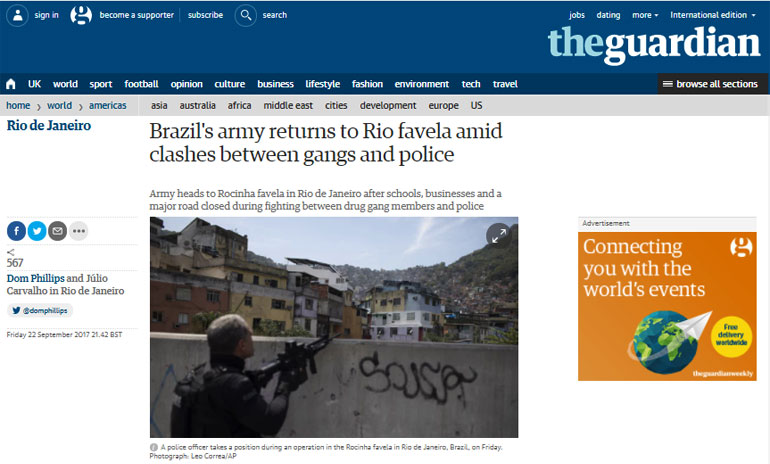 O jornal ingls The Guardian destaca o retorno do Exrcito  maior favela do Rio 